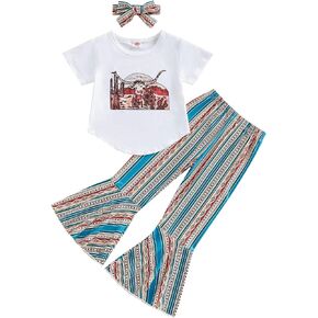 Emmababy Toddler Western Bell Bottom Outfits Girls Kids Short Sleeve Cow Print Irregular Hem Tunic Top Stripe Flare Pants Set