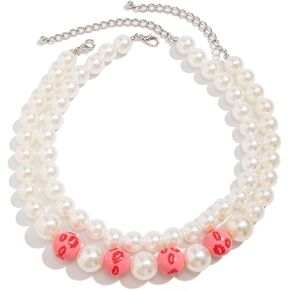 FFLaiwah Double Layered Imitation Pearl Necklace Wooden Beads Necklace Valentine's Day St. Patrick's Day Jewelry Gifts