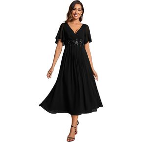 Ever-Pretty Women's A Line V Neck Pleated Applique Pleated Tea Length Wedding Guest Dresses 02093 in Kuwait