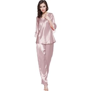 LilySilk Women's 100% Real Silk Pajamas Set V Neck 3/4 Long Sleeve 22 Momme Mulberry Silk Sleepwear in Kuwait