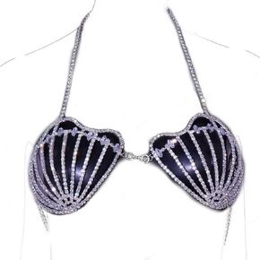 STONEFANS حجر الراين حورية البحر الصدرية سلاسل الجسم للنساء مثير الفضة بيكيني صدف الصدرية سلسلة تسخير ملهى ليلي الشاطئ الصدر سلسلة الجسم مجوهرات اكسسوارات in Kuwait