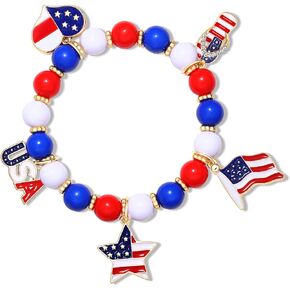 American Flag Bracelet Patriotic Bracelet for Women Girls Red White Blue Beaded Stretch Bracelet 4th of July Star Heart Star Charm Bracelet Jewelry Gift in Kuwait