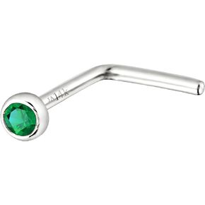 Jewelry Avalanche Solid 14K Gold L-Shape Stud Bezel Set Emerald 22G L-Bend Nose Stud - 14K White Gold / 14K Yellow Gold May Birthstone Nose Ring Stud