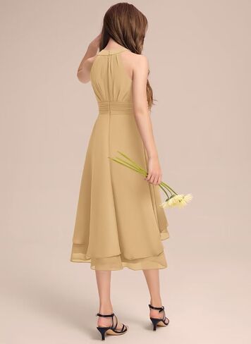 A-Line Halter Junior Bridesmaid Dress Asymmetrical Chiffon Wedding Flower Girl Dresses for Teen Girls Party Pageant Gown in Saudi Arabia