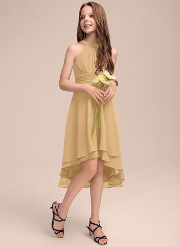 A-Line Halter Junior Bridesmaid Dress Asymmetrical Chiffon Wedding Flower Girl Dresses for Teen Girls Party Pageant Gown in Saudi Arabia
