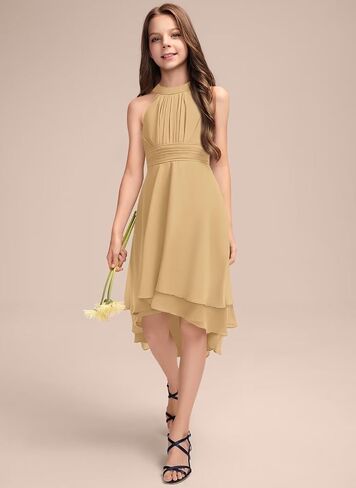 A-Line Halter Junior Bridesmaid Dress Asymmetrical Chiffon Wedding Flower Girl Dresses for Teen Girls Party Pageant Gown in Saudi Arabia