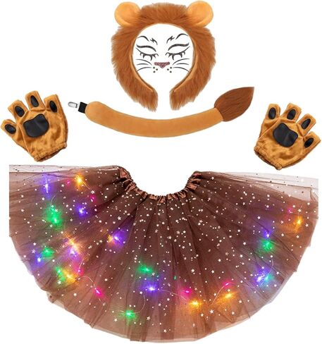 مجموعة أزياء الحيوانات مكونة من 5 قطع، زي الأسد وعصابة رأس وربطة رأس على شكل ذيل توتو لامعة وملصق وشم للفتيات في الهالوين in Kuwait