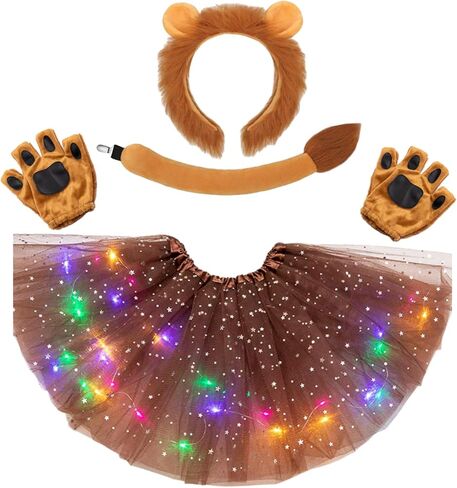 مجموعة أزياء الحيوانات مكونة من 5 قطع، زي الأسد وعصابة رأس وربطة رأس على شكل ذيل توتو لامعة وملصق وشم للفتيات في الهالوين in Kuwait