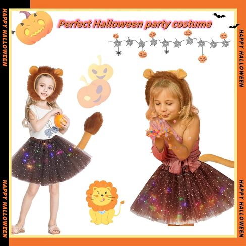 مجموعة أزياء الحيوانات مكونة من 5 قطع، زي الأسد وعصابة رأس وربطة رأس على شكل ذيل توتو لامعة وملصق وشم للفتيات في الهالوين in Kuwait