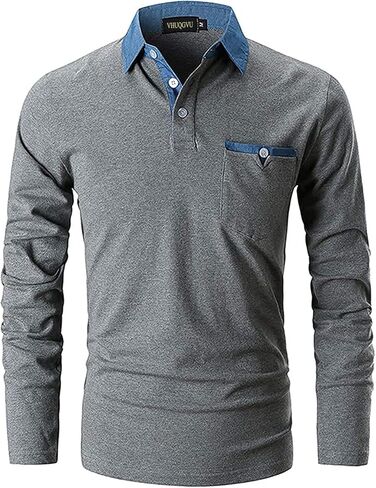 قميص بولو رجالي VHUQGVU بأكمام طويلة من القطن الأساسي مع تي شيرت بجيب in Kuwait