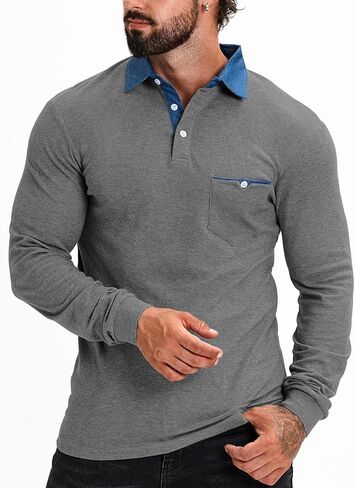 قميص بولو رجالي VHUQGVU بأكمام طويلة من القطن الأساسي مع تي شيرت بجيب in Kuwait