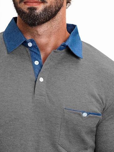 قميص بولو رجالي VHUQGVU بأكمام طويلة من القطن الأساسي مع تي شيرت بجيب in Kuwait