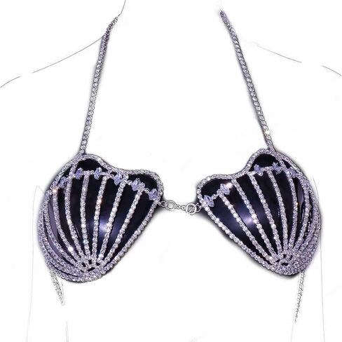 STONEFANS حجر الراين حورية البحر الصدرية سلاسل الجسم للنساء مثير الفضة بيكيني صدف الصدرية سلسلة تسخير ملهى ليلي الشاطئ الصدر سلسلة الجسم مجوهرات اكسسوارات in Kuwait