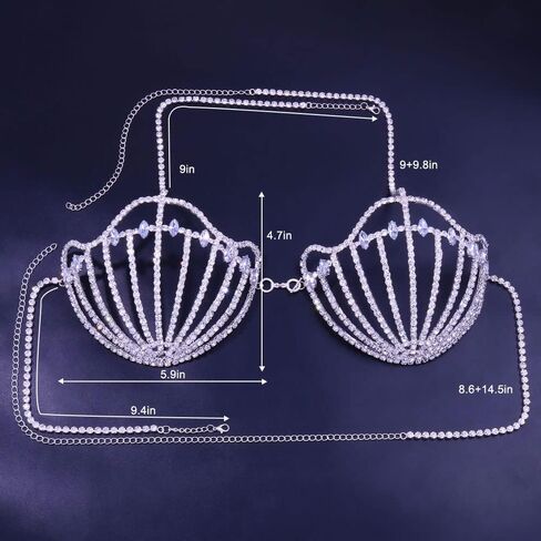 STONEFANS حجر الراين حورية البحر الصدرية سلاسل الجسم للنساء مثير الفضة بيكيني صدف الصدرية سلسلة تسخير ملهى ليلي الشاطئ الصدر سلسلة الجسم مجوهرات اكسسوارات in Kuwait