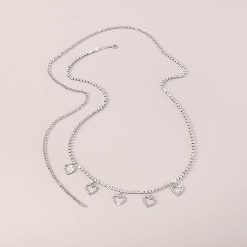 Jumwrit حجر الراين القلب الخصر سلسلة بلينغ الجسم سلسلة طويلة قابل للتعديل سلسلة حزام القلب قلادة البطن سلسلة تنس الجسم سلسلة الخصر سلسلة للنساء الفتيات (الفضة) in Kuwait