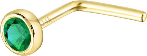 Jewelry Avalanche Solid 14K Gold L-Shape Stud Bezel Set Emerald 22G L-Bend Nose Stud - 14K White Gold / 14K Yellow Gold May Birthstone Nose Ring Stud in Saudi Arabia