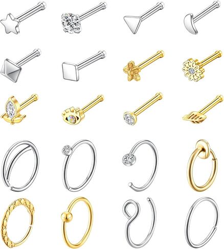 Kvficaz الذهب حلقة الأنف مسمار 20 جهاز كمبيوتر شخصى مجموعة 20G للنساء الرجال الفضة ثقب المجوهرات، هيبوالرجينيك 316L الفولاذ المقاوم للصدأ مسمار ترصيع الأنف للنساء الرجال جيدة للهدايا in Kuwait