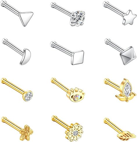 Kvficaz الذهب حلقة الأنف مسمار 20 جهاز كمبيوتر شخصى مجموعة 20G للنساء الرجال الفضة ثقب المجوهرات، هيبوالرجينيك 316L الفولاذ المقاوم للصدأ مسمار ترصيع الأنف للنساء الرجال جيدة للهدايا in Kuwait