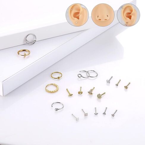 Kvficaz الذهب حلقة الأنف مسمار 20 جهاز كمبيوتر شخصى مجموعة 20G للنساء الرجال الفضة ثقب المجوهرات، هيبوالرجينيك 316L الفولاذ المقاوم للصدأ مسمار ترصيع الأنف للنساء الرجال جيدة للهدايا in Kuwait