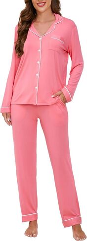 Hagmeu Womens Pajama Sets Long Sleeve Nightwear Lounge Set Button Down Sleepwear Soft Pjs Set with Pockets in Saudi Arabia