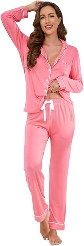 Hagmeu Womens Pajama Sets Long Sleeve Nightwear Lounge Set Button Down Sleepwear Soft Pjs Set with Pockets in Saudi Arabia