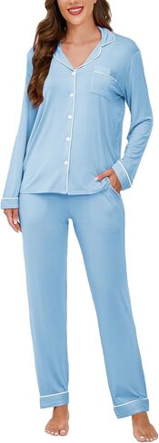 Hagmeu Womens Pajama Sets Long Sleeve Nightwear Lounge Set Button Down Sleepwear Soft Pjs Set with Pockets in Saudi Arabia