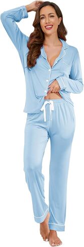 Hagmeu Womens Pajama Sets Long Sleeve Nightwear Lounge Set Button Down Sleepwear Soft Pjs Set with Pockets in Saudi Arabia