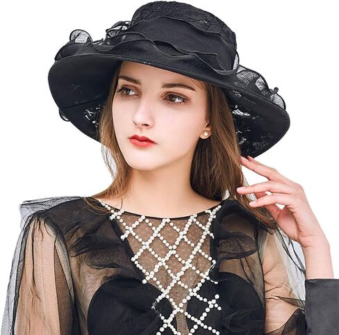Women’s Lace Organza Bow Hat Wide Brim Fascinator Bucket Hat Cocktail Tea Party Bridal Wedding Church Hat in Saudi Arabia