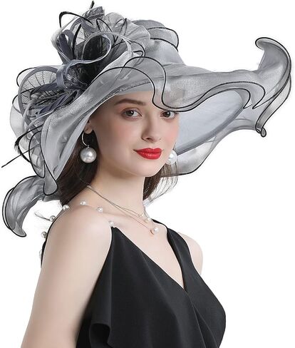 FADVES Women's Wide Brim Organza Tea Derby Sun Hat Butterfly Decoration Tea Party Wedding Bridal Church Fascinator… in Kuwait