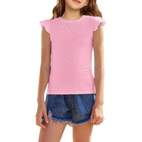 Flypigs Girls T Shirts Ruffle Sleeve Summer Casual Ribbed Knit Crewneck Tee Tops Blouses