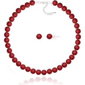 JIBSA 8mm Round Simulated Shell Pearl Necklace Sterling Silver Stud Earring Set - Wedding Bridal Tea Party Jewelry for Women Girls in Kuwait