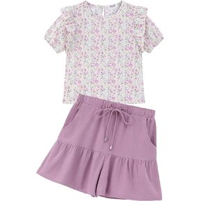 LIONJIE Girls Summer 2 Piece Outfit Floral Ruffle Short Sleeve Top and Shorts Set Cute Clothes Set 3-12Y