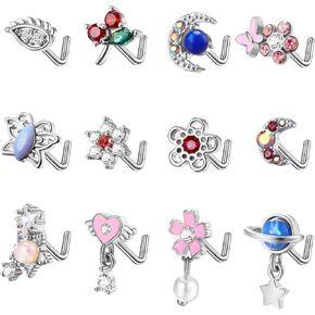 Dochais 12 قطعة حلقات الأنف ترصيع الأنف للنساء على شكل حرف L من الفولاذ المقاوم للصدأ مسمار الأنف 20 جرام حلقات الأنف المتدلية فراشة زهرة نجمة القلب تشيكوسلوفاكيا أوبال المتدلية ثقب الأنف المجوهرات in Kuwait