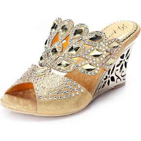 Unicoratha Women's Rhombus Shaped with Crystal Rhinestones Slip on Party Dress Wedge Sandals in Saudi Arabia