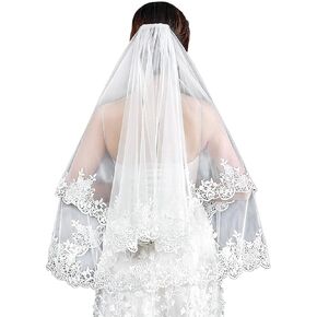 وشاح الزفاف القصير العاجي ذو الطبقتين من أكيينير بطول الخصر من التول الناعم للنساء وشاح الزفاف بحافة دانتيل للعرائس مع مشط معدني وغطاء للرأس للزفاف in Kuwait