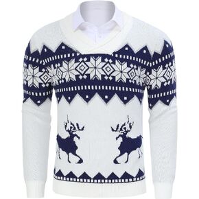 TURETRENDY Mens Ugly Christmas Sweaters Snowflakes Holiday Reindeer Printed Shawl Collar Knitted Long Sleeve Pullover Jumpers