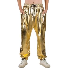 Akkad Kuti Mens Metallic Pants Disco Outfit Drawstring Waistband Rave Trousers Sequin Joggers with Pockets