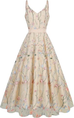 Long Floral Embroidery Dress for Women Flower Embroidered Maxi Dress Spaghetti Straps Formal Evening Party Tulle Prom Dress in Saudi Arabia