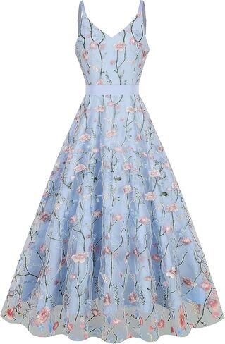 Long Floral Embroidery Dress for Women Flower Embroidered Maxi Dress Spaghetti Straps Formal Evening Party Tulle Prom Dress in Saudi Arabia