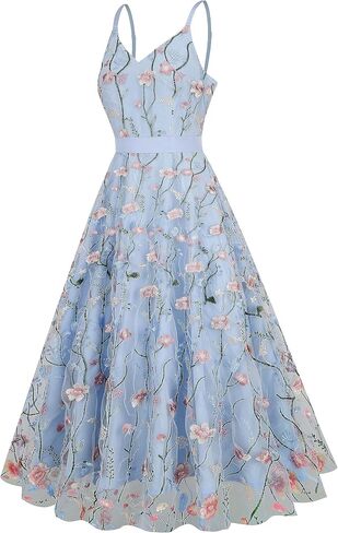 Long Floral Embroidery Dress for Women Flower Embroidered Maxi Dress Spaghetti Straps Formal Evening Party Tulle Prom Dress in Saudi Arabia