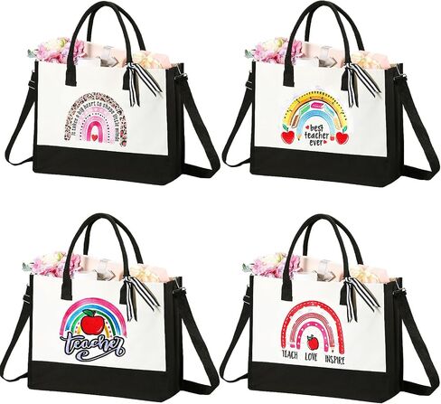 Silkfly 4 Pcs Teacher Appreciation Gifts for Women Canvas Teacher Tote Bag with Zipper for Birthday Graduation, 4 Styles in Saudi Arabia