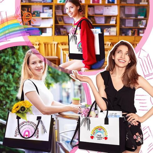 Silkfly 4 Pcs Teacher Appreciation Gifts for Women Canvas Teacher Tote Bag with Zipper for Birthday Graduation, 4 Styles in Saudi Arabia