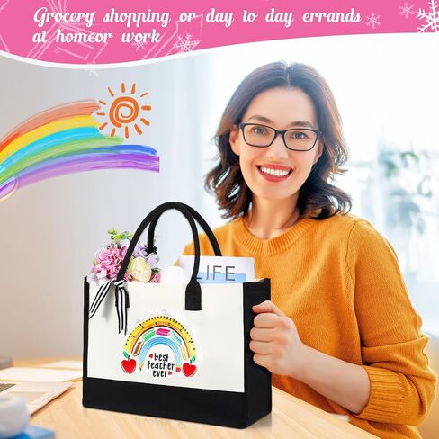 Silkfly 4 Pcs Teacher Appreciation Gifts for Women Canvas Teacher Tote Bag with Zipper for Birthday Graduation, 4 Styles in Saudi Arabia