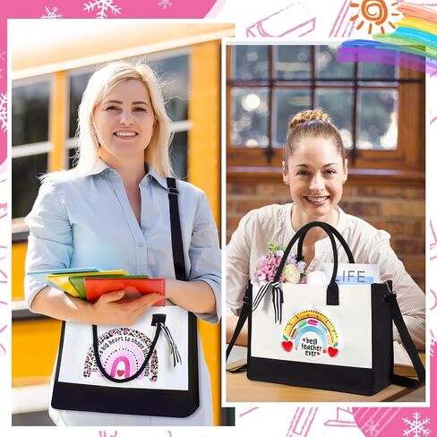 Silkfly 4 Pcs Teacher Appreciation Gifts for Women Canvas Teacher Tote Bag with Zipper for Birthday Graduation, 4 Styles in Saudi Arabia