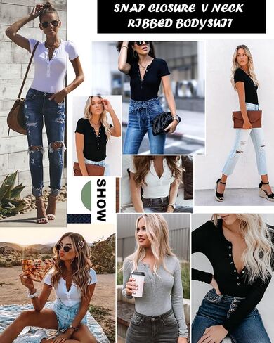 VIISHOW Womens Snap Closure V Neck Ribbed Short Long Sleeves Casual Slim Fit Bodysuit Shirts Tops in Kuwait