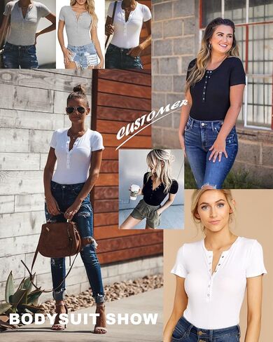 VIISHOW Womens Snap Closure V Neck Ribbed Short Long Sleeves Casual Slim Fit Bodysuit Shirts Tops in Kuwait