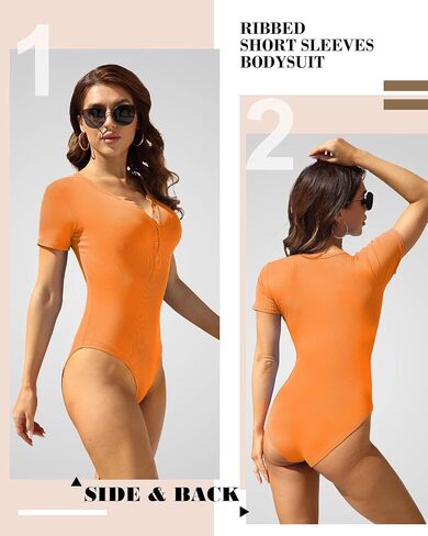VIISHOW Womens Snap Closure V Neck Ribbed Short Long Sleeves Casual Slim Fit Bodysuit Shirts Tops in Kuwait