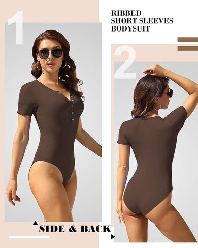 VIISHOW Womens Snap Closure V Neck Ribbed Short Long Sleeves Casual Slim Fit Bodysuit Shirts Tops in Kuwait