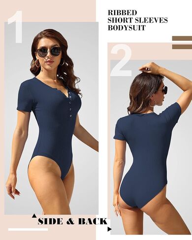 VIISHOW Womens Snap Closure V Neck Ribbed Short Long Sleeves Casual Slim Fit Bodysuit Shirts Tops in Kuwait