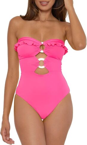 Soluna Women's Standard Buckle Up One Piece Bandeau Swimsuit with Cut Out Neckline and Removable Cups, Bathing Suits in Kuwait